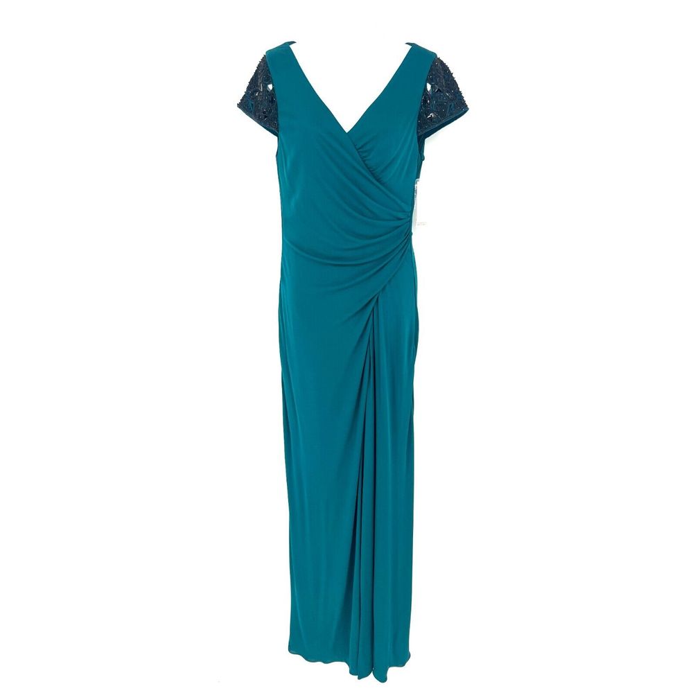 Badgley Mischka Evening Dress Gown Womens Size 8 Teal Beaded Cap Sleeve Gala Nwt